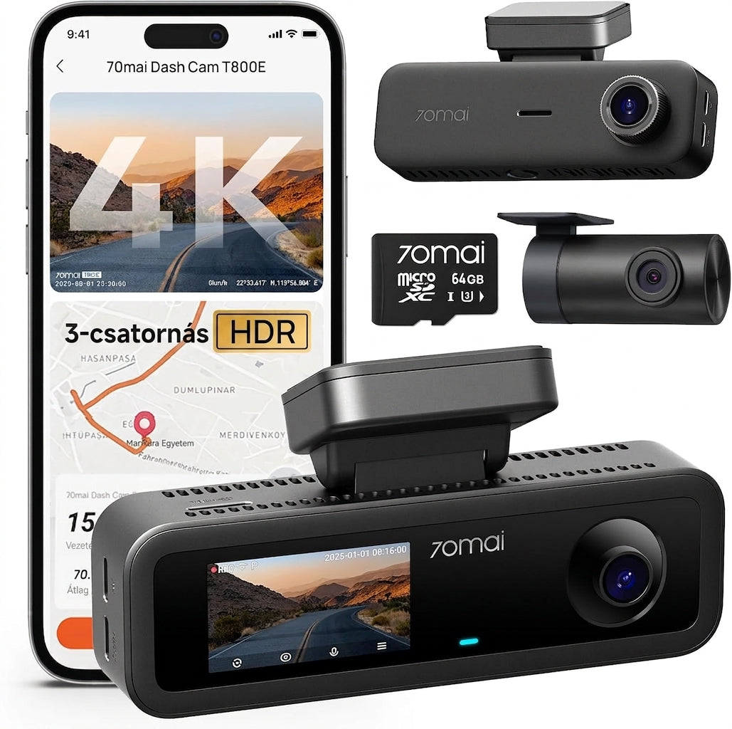 4K autós menetrögzítő kamera – 3 csatornás, GPS-szel és WiFi-vel
